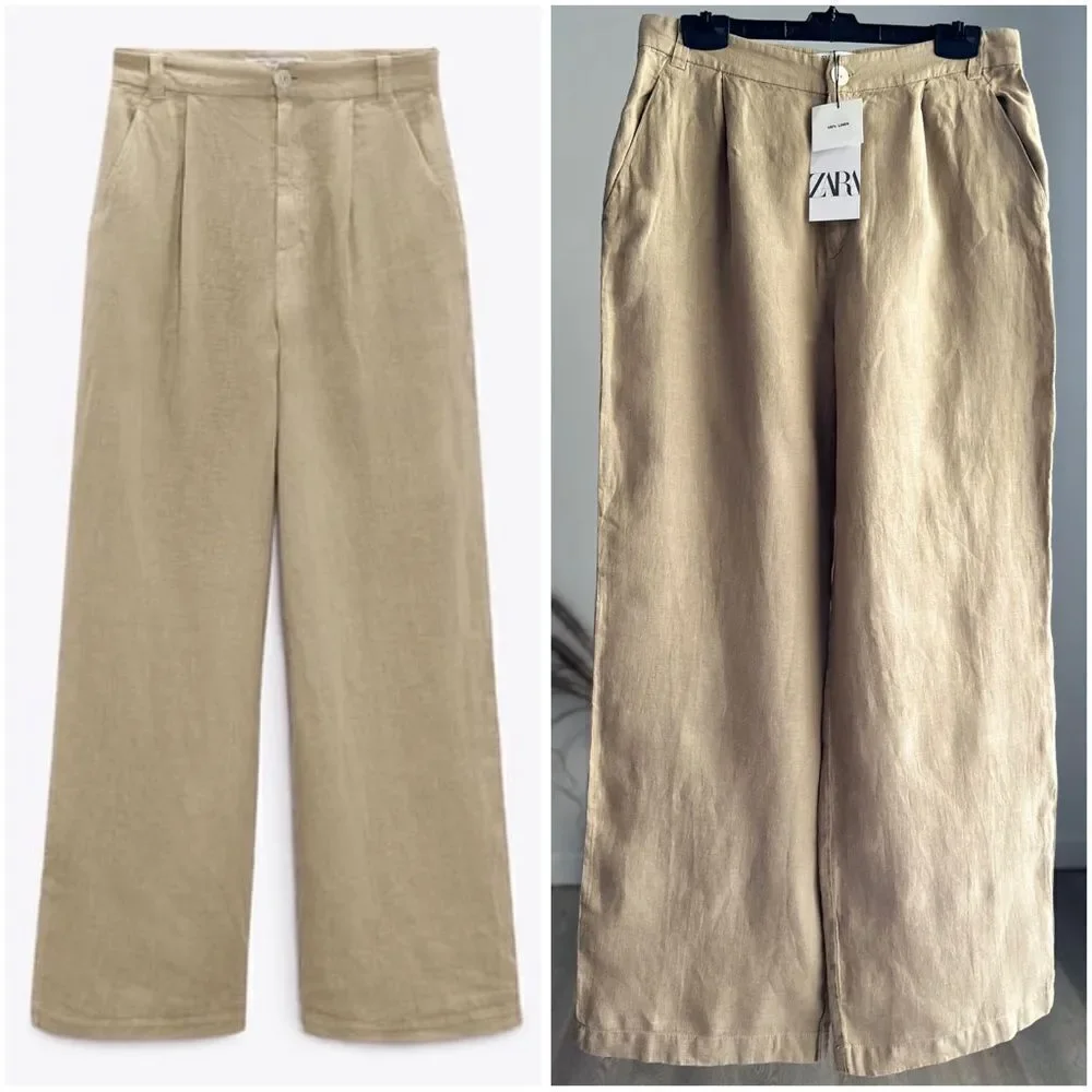 ZARA WIDE LEG LINEN PANTS LIGHT KHAKI